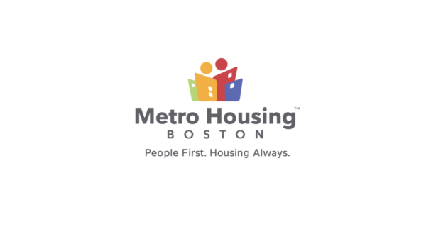 Logo of Metro Housing Boston with abstract colorful buildings and figures. Text below reads, "People First. Housing Always.